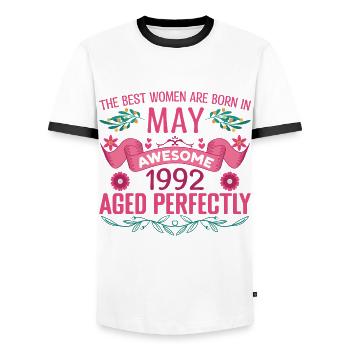May 1992 Birthday Wife May 1992 Birthday - Men's Ringer Shirt - white/black - Front - AI Model Female 172 light (172cm) & AI Model Male 178 dark (178cm)