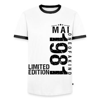 Birthday May 1981 May born in May - Men's Ringer Shirt - white/black - Front - AI Model Female 172 light (172cm) & AI Model Male 178 dark (178cm)