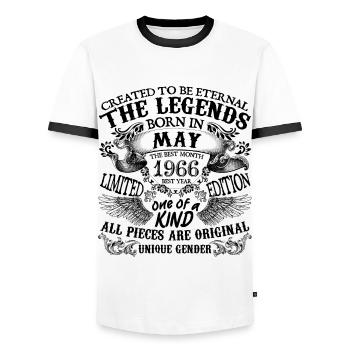 Birthday 1966 May 1966 born in May 1966 - Men's Ringer Shirt - white/black - Front - AI Model Female 172 light (172cm) & AI Model Male 178 dark (178cm)
