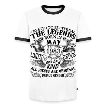 Anniversaire 1983 Mai 1983 né en Mai 1983 - T-shirt contrasté Homme - blanc/noir - Devant - AI Model Female 172 light (172cm) & AI Model Male 178 dark (178cm)