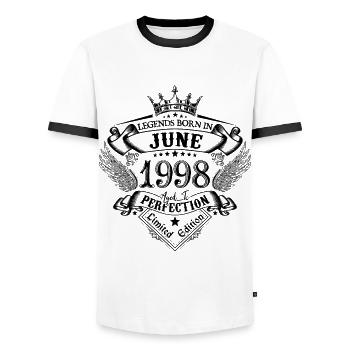 birthday June 1998 June anniversary 1998 - Men's Ringer Shirt - white/black - Front - AI Model Female 172 light (172cm) & AI Model Male 178 dark (178cm)