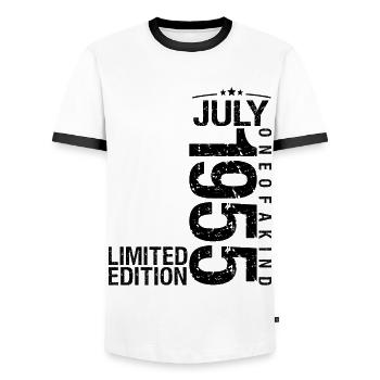Birthday July 1955 July born in July 19 - Men's Ringer Shirt - white/black - Front - AI Model Female 172 light (172cm) & AI Model Male 178 dark (178cm)