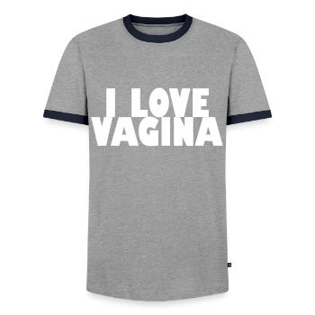 I love the vagina - Men's Ringer Shirt - grey/navy  - Front - AI Model Female 172 light (172cm) & AI Model Male 178 light (178cm)
