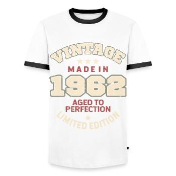 Vintage 1962 - Men's Ringer Shirt - white/black - Front - AI Model Female 172 light (172cm) & AI Model Male 178 dark (178cm)