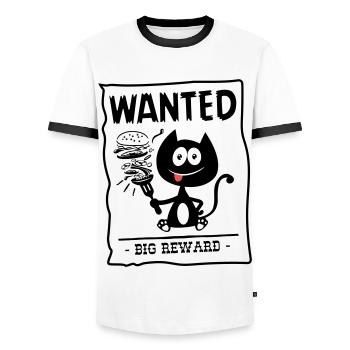 Gesucht, gierige Katze gesucht! Humor Katze! - Männer Kontrast-T-Shirt - Weiß/Schwarz - Vorne - AI Model Female 172 light (172cm) & AI Model Male 178 dark (178cm)
