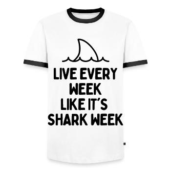 LIVE EVERY WEEK LIKE ITS SHARK WEEK - Men's Ringer Shirt - white/black - Front - AI Model Female 172 light (172cm) & AI Model Male 178 dark (178cm)