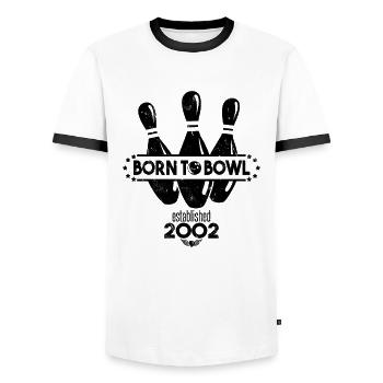 Born to Bowl Birthday 2002 Bowling Shirt - Men's Ringer Shirt - white/black - Front - AI Model Female 172 light (172cm) & AI Model Male 178 dark (178cm)