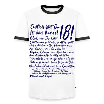 18. Geburtstag Endlich 18 Jahre Geschenk zum 18. - Männer Kontrast-T-Shirt - Weiß/Schwarz - Vorne - AI Model Female 172 light (172cm) & AI Model Male 178 dark (178cm)