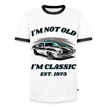 50e anniversaire né en 1973 Classique depuis 1973 - T-shirt contrasté Homme - blanc/noir - Devant - AI Model Female 172 light (172cm) & AI Model Male 178 dark (178cm)