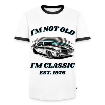 Born 1976 Classic since 1976 Muscle-Car Design - Men's Ringer Shirt - white/black - Front - AI Model Female 172 light (172cm) & AI Model Male 178 dark (178cm)