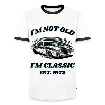 Né en 1972 Classic depuis 1972 Muscle-Car Design - T-shirt contrasté Homme - blanc/noir - Devant - AI Model Female 172 light (172cm) & AI Model Male 178 dark (178cm)