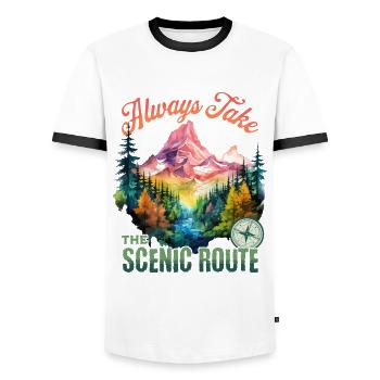 Hiking Hiking Mountains Mountaineering Climbing Nature - Men's Ringer Shirt - white/black - Front - AI Model Female 172 light (172cm) & AI Model Male 178 dark (178cm)