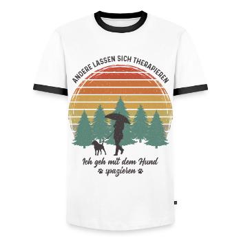 Frauchen Hund Gassi gehen Therapie Hundebesitzerin - Männer Kontrast-T-Shirt - Weiß/Schwarz - Vorne - AI Model Female 172 light (172cm) & AI Model Male 178 dark (178cm)