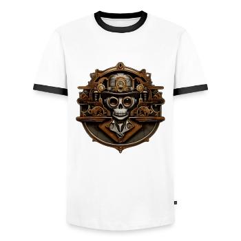 MechanicMortis 1/3 - Men's Ringer Shirt - white/black - Front - AI Model Female 172 light (172cm) & AI Model Male 178 dark (178cm)