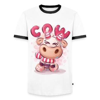 Cute Funny Cartoon Cow Character Pink Animal - Men's Ringer Shirt - white/black - Front - AI Model Female 172 light (172cm) & AI Model Male 178 dark (178cm)