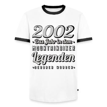 MTB-Mountainbiker 2002 Jahrgang Geburtstag MTB - Männer Kontrast-T-Shirt - Weiß/Schwarz - Vorne - AI Model Female 172 light (172cm) & AI Model Male 178 dark (178cm)