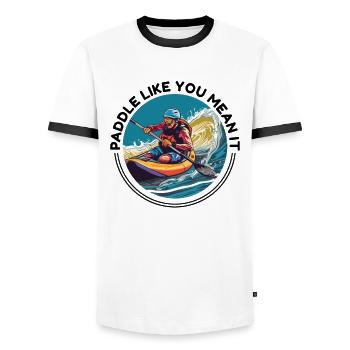 KAYAKS CANOE RAFTING BOAT Kayaking - Men's Ringer Shirt - white/black - Front - AI Model Female 172 light (172cm) & AI Model Male 178 dark (178cm)