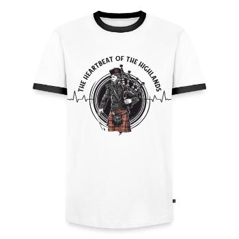 Dudelsackspieler schottischer Bagpipe-Herzschlag - Männer Kontrast-T-Shirt - Weiß/Schwarz - Vorne - AI Model Female 172 light (172cm) & AI Model Male 178 dark (178cm)
