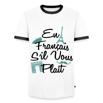 En Français S'il Vous Plaît - French Lover - Men's Ringer Shirt - white/black - Front - AI Model Female 172 light (172cm) & AI Model Male 178 dark (178cm)