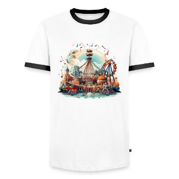 Parc d’attractions Foire, Fête foraine, Festival folklorique - T-shirt contrasté Homme - blanc/noir - Devant - AI Model Female 172 light (172cm) & AI Model Male 178 dark (178cm)