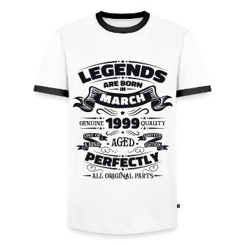 25th Birthday Legendary Since March Born in 1999 - Men's Ringer Shirt - white/black - Front - AI Model Female 172 light (172cm) & AI Model Male 178 dark (178cm)