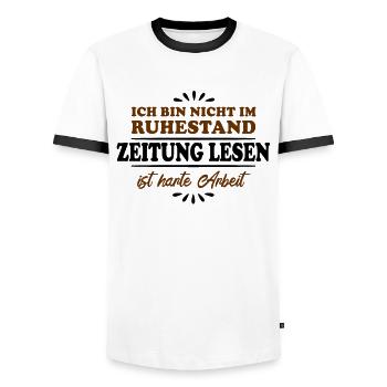 Ruhestand Rentner Pensioner Zeitung-lesen - Männer Kontrast-T-Shirt - Weiß/Schwarz - Vorne - AI Model Female 172 light (172cm) & AI Model Male 178 dark (178cm)