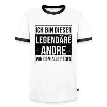 I'm this legendary for Andre - Men's Ringer Shirt - white/black - Front - AI Model Female 172 light (172cm) & AI Model Male 178 dark (178cm)