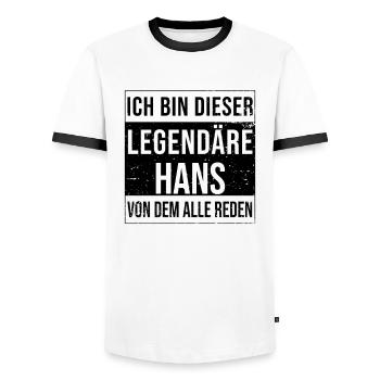 I'm this legendary for Hans - Men's Ringer Shirt - white/black - Front - AI Model Female 172 light (172cm) & AI Model Male 178 dark (178cm)
