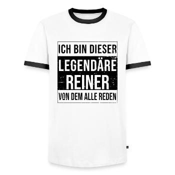 I'm this legendary for Reiner - Men's Ringer Shirt - white/black - Front - AI Model Female 172 light (172cm) & AI Model Male 178 dark (178cm)