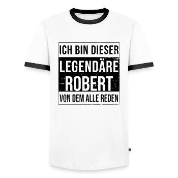 I'm this legendary for Robert - Men's Ringer Shirt - white/black - Front - AI Model Female 172 light (172cm) & AI Model Male 178 dark (178cm)