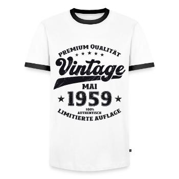 Millésime Mai 1959 Cru 1959 Anniversaire 1959 - T-shirt contrasté Homme - blanc/noir - Devant - AI Model Female 172 light (172cm) & AI Model Male 178 dark (178cm)