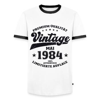 Vintage May 1984 Vintage 1984 Birthday 1984 - Men's Ringer Shirt - white/black - Front - AI Model Female 172 light (172cm) & AI Model Male 178 dark (178cm)