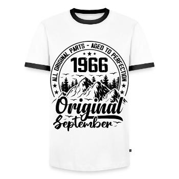 1966 September Original 58 Years Anniversary Gift - Men's Ringer Shirt - white/black - Front - AI Model Female 172 light (172cm) & AI Model Male 178 dark (178cm)