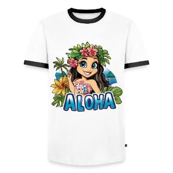 Hawaii Aloha Frau Blumen Palmen Strand Meer Insel - Männer Kontrast-T-Shirt - Weiß/Schwarz - Vorne - AI Model Female 172 light (172cm) & AI Model Male 178 dark (178cm)