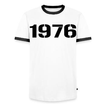 Vintage 1976 - Men's Ringer Shirt - white/black - Front - AI Model Female 172 light (172cm) & AI Model Male 178 dark (178cm)