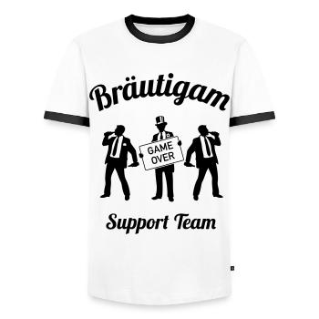 Bräutigam Game Over Support Team (JGA / 1C) - Männer Kontrast-T-Shirt - Weiß/Schwarz - Vorne - AI Model Female 172 light (172cm) & AI Model Male 178 dark (178cm)