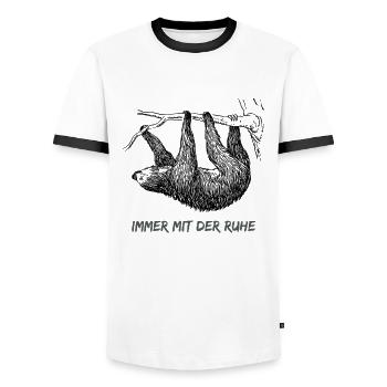 Immer mit der Ruhe - Faultier | Kein Hetze. - Männer Kontrast-T-Shirt - Weiß/Schwarz - Vorne - AI Model Female 172 light (172cm) & AI Model Male 178 dark (178cm)