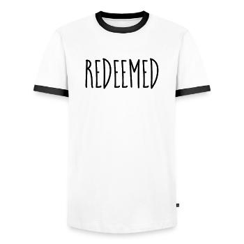 Redeemed - Christian Quotes - Men's Ringer Shirt - white/black - Front - AI Model Female 172 light (172cm) & AI Model Male 178 dark (178cm)