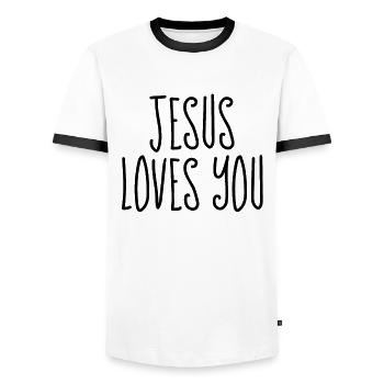Jésus vous aime - Citations chrétiennes - T-shirt contrasté Homme - blanc/noir - Devant - AI Model Female 172 light (172cm) & AI Model Male 178 dark (178cm)