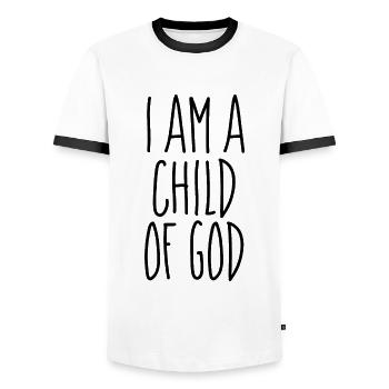 I Am A Child Of God - Christian Quotes - Men's Ringer Shirt - white/black - Front - AI Model Female 172 light (172cm) & AI Model Male 178 dark (178cm)