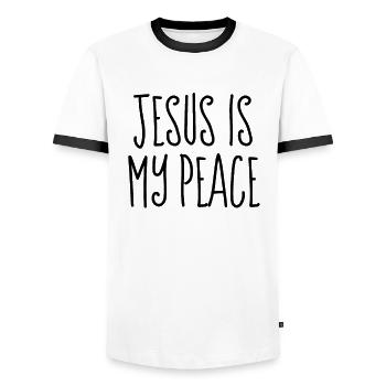 Jesus Is My Peace - Christian Quotes - Men's Ringer Shirt - white/black - Front - AI Model Female 172 light (172cm) & AI Model Male 178 dark (178cm)