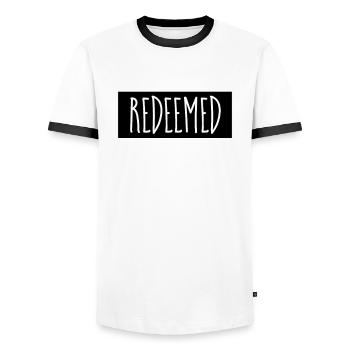 Redeemed - Christian Quotes - Men's Ringer Shirt - white/black - Front - AI Model Female 172 light (172cm) & AI Model Male 178 dark (178cm)