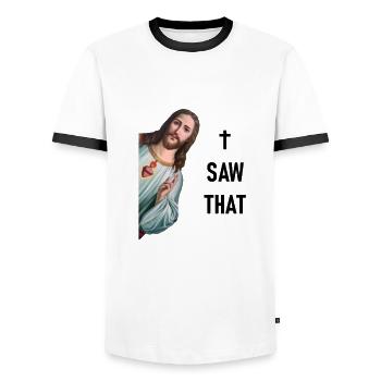 Ich sehe alles - Karma & Jesus Meme - I SAW THAT - - Männer Kontrast-T-Shirt - Weiß/Schwarz - Vorne - AI Model Female 172 light (172cm) & AI Model Male 178 dark (178cm)