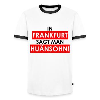 In FRANKFURT Sagt Man HUÄNSOHN - 069 FFM Hessisch - Männer Kontrast-T-Shirt - Weiß/Schwarz - Vorne - AI Model Female 172 light (172cm) & AI Model Male 178 dark (178cm)