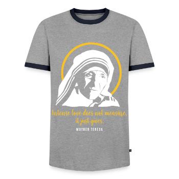 Heilige Mutter Teresa mit Heiligenschein - Spruch - Männer Kontrast-T-Shirt - Grau/Navy  - Vorne - AI Model Female 172 light (172cm) & AI Model Male 178 light (178cm)