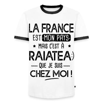 Raiatea c est chez moi Cadeau humour Polynésie - T-shirt contrasté Homme - blanc/noir - Devant - AI Model Female 172 light (172cm) & AI Model Male 178 dark (178cm)