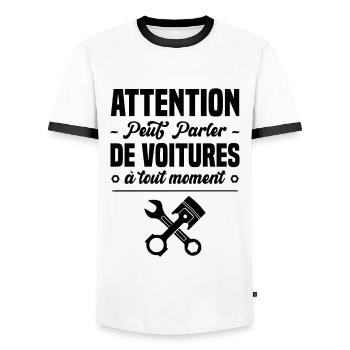 Attention peut parler de voitures à tout moment - T-shirt contrasté Homme - blanc/noir - Devant - AI Model Female 172 light (172cm) & AI Model Male 178 dark (178cm)