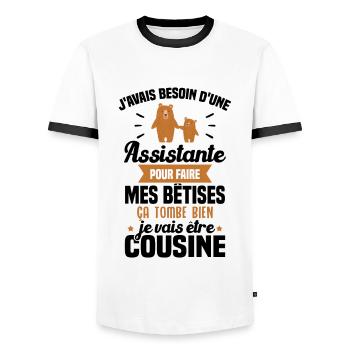 Je vais être cousine, humour cadeau future cousine - T-shirt contrasté Homme - blanc/noir - Devant - AI Model Female 172 light (172cm) & AI Model Male 178 dark (178cm)