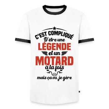 Legende et Motard, Humour Cadeau Motard - T-shirt contrasté Homme - blanc/noir - Devant - AI Model Female 172 light (172cm) & AI Model Male 178 dark (178cm)