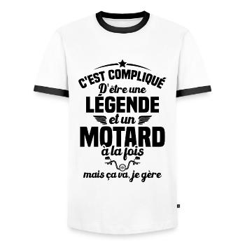 Legende et Motard, Humour Cadeau Motard - T-shirt contrasté Homme - blanc/noir - Devant - AI Model Female 172 light (172cm) & AI Model Male 178 dark (178cm)